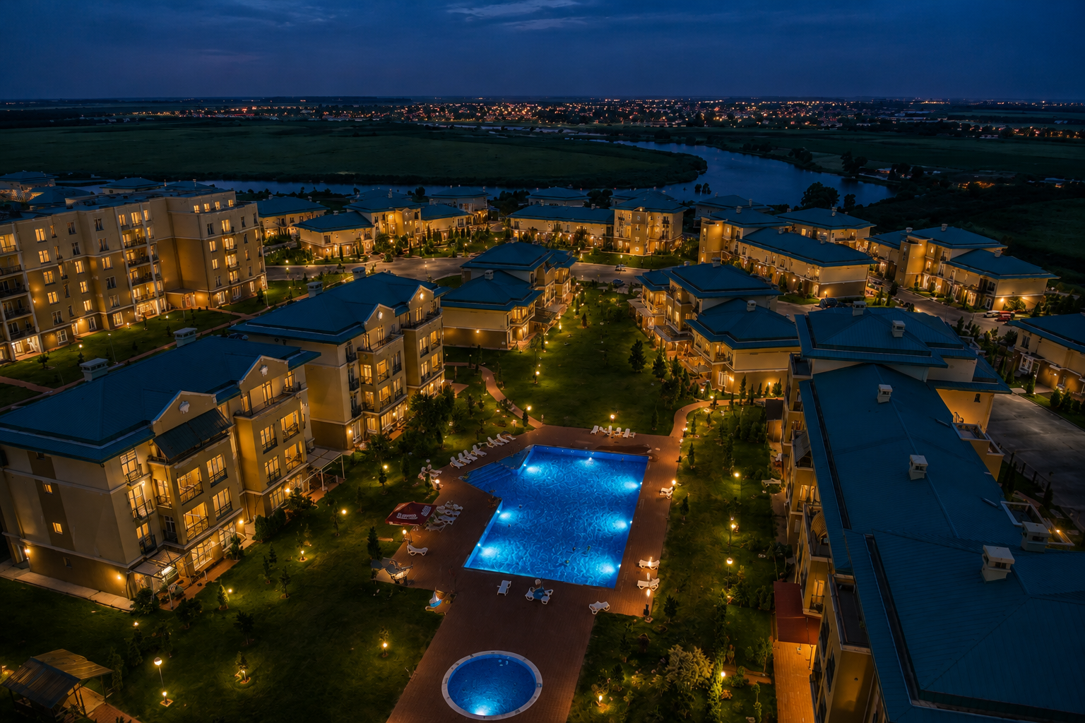 Cosmopolis residential compound at night